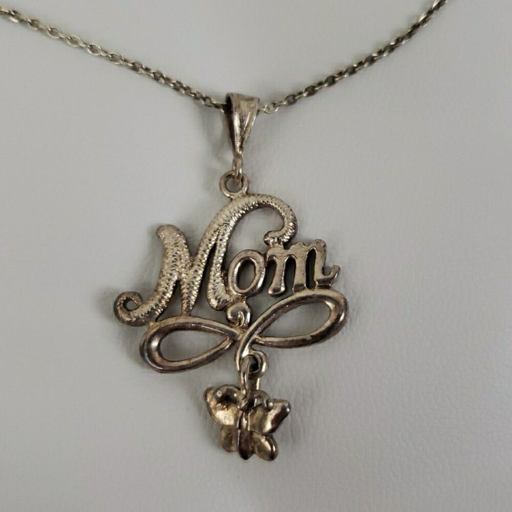 MOM Pendant Infinity Butterfly Dangle 18" Necklace Marked SA 925 Sterling Silver